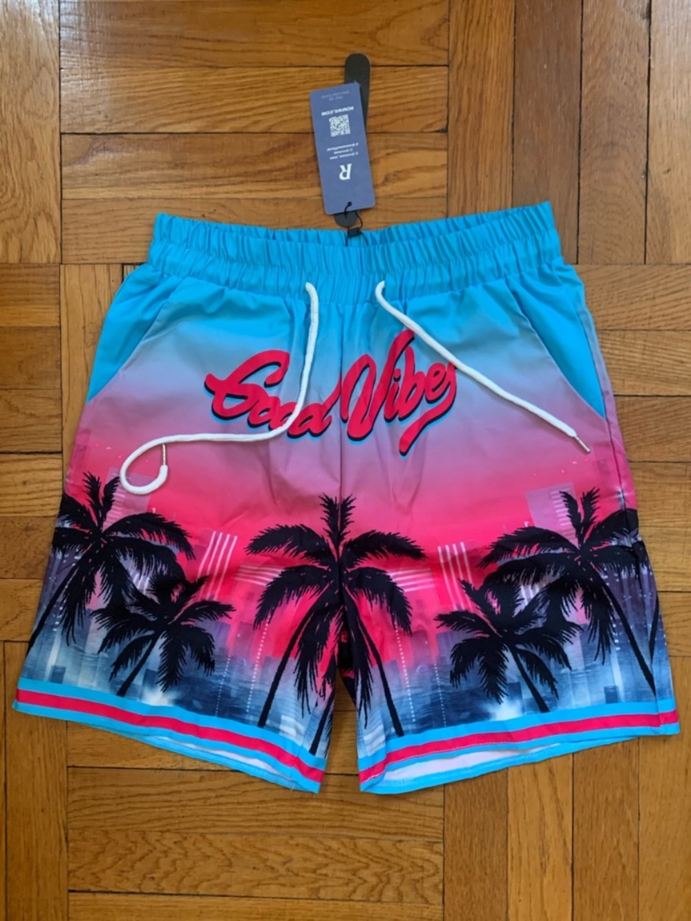 ROMWE Turquoise to Pink Gradient Palm-Print Men's Swim Shorts